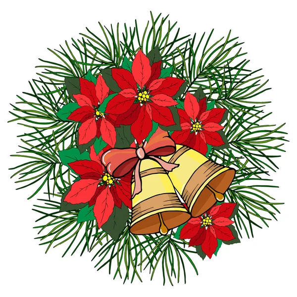 赤花や松の枝と新年の組成は 白い背景に隔離されます — ストックベクタ