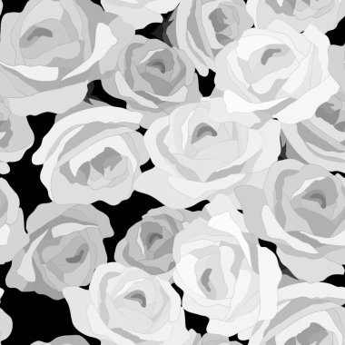 Romantik tarzdaki kusursuz desen, güllerle süslenmiş süs, düğün arka planı, gri tek renkli.