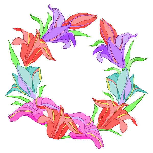 Wreath Bright Flowers Lilies Greetings Vector Illustration — Stock Vector