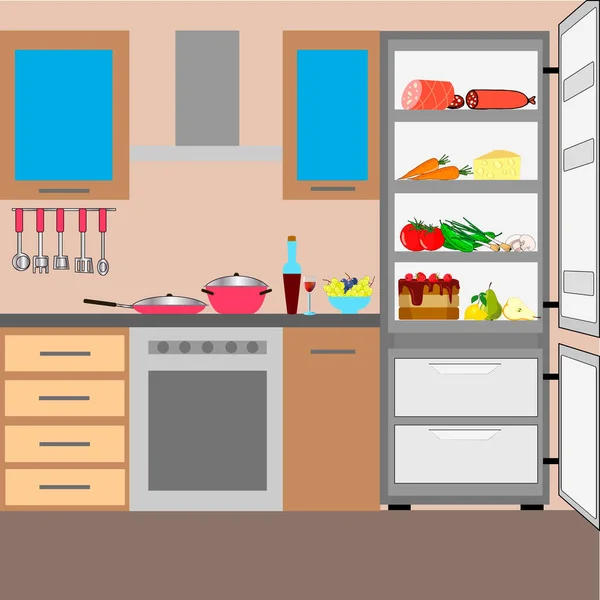 Tipo Cocina Con Muebles Utensilios Cocina Utensilios Nevera Con Productos — Vector de stock