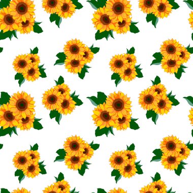 Kusursuz desen, ayçiçeği ve parlak renklerde yapraklar, duvar kağıdı süsü