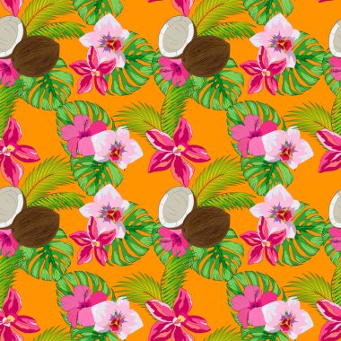 Tropik bitkiler, orkideler, palmiye yaprakları ve hindistan cevizleriyle kusursuz desen.