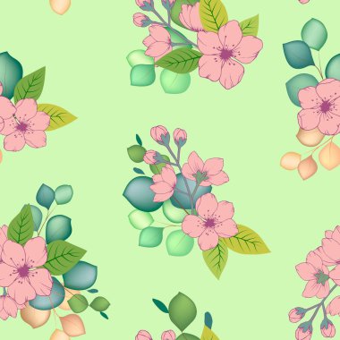 Çiçekler ve yapraklarla kusursuz desen, bahar bitkisi, duvar kağıtları veya kağıt için süs.