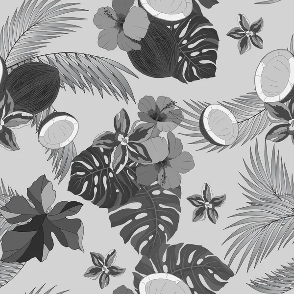 Sömlöst Mönster Med Tropiska Växter Orkidéer Palmblad Och Kokosnötter Enfärgad — Stock vektor