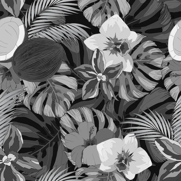 Motif Sans Couture Avec Plantes Tropicales Orchidées Feuilles Palmier Gris — Image vectorielle