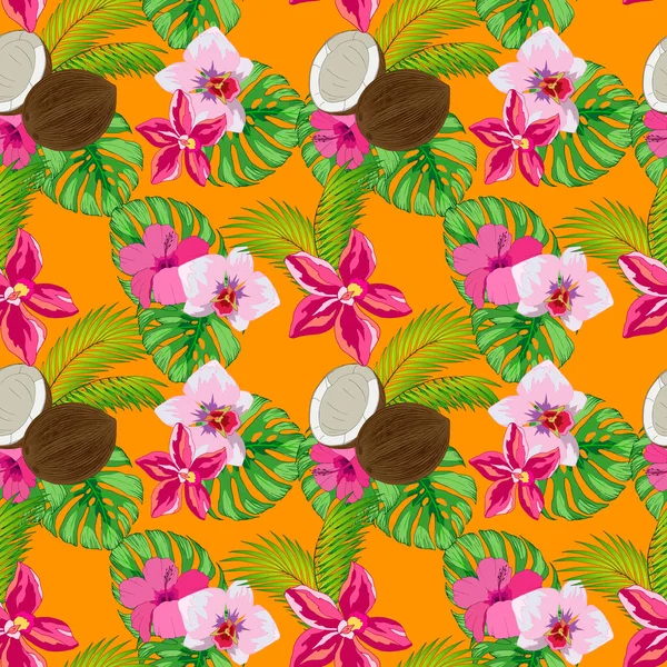 Seamless Pattern Tropical Plants Orchids Palm Leaves Coconuts — Stock Vector