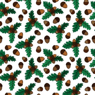 Parlak renklerde kusursuz desen, meşe palamudu ve yapraklarla resim, duvar kağıdı ve kumaş için süs, ambalaj kağıdı