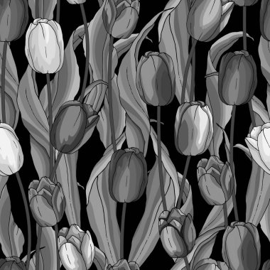 Lalelerin ve yaprakların tek renkli desenleri, duvar kağıdı süslemeleri