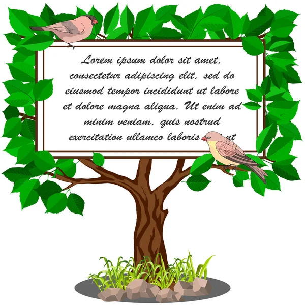 Банер Тексту Вигляді Дерева Листям Птахами Ізольовані Білому Тлі — стоковий вектор