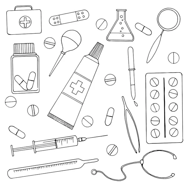 Set Medical Instruments Medicines Isolate White Background Black White Drawing — Stock Vector