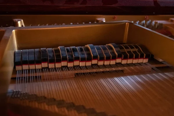 Gyönyörű Belső Zongora Zongora Csappantyúk Vonósok Hárfa Csappantyúk Dolgozik — Stock Fotó