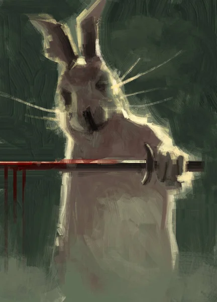 Pintura Tradicional Pincelada Conejo Con Espada Cubierta Sangre Ilustración Digital —  Fotos de Stock
