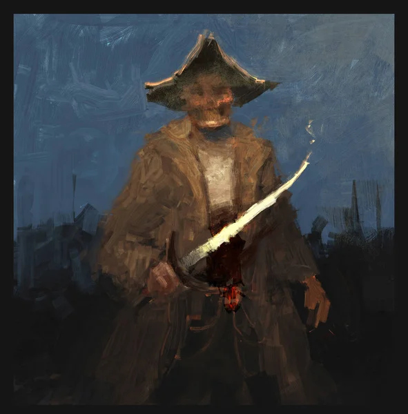 Painting of creepy pirate holding sword in traditional brush stroke style digital illustration