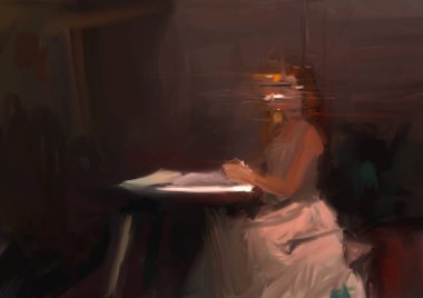 Painting of abstract scary writer sitting in room, brush stroke style, digital illustration  
