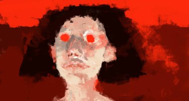 Soyut canavar kız baş ile fırça kontur stili, dijital illüstrasyon kırmızı göz boyama  