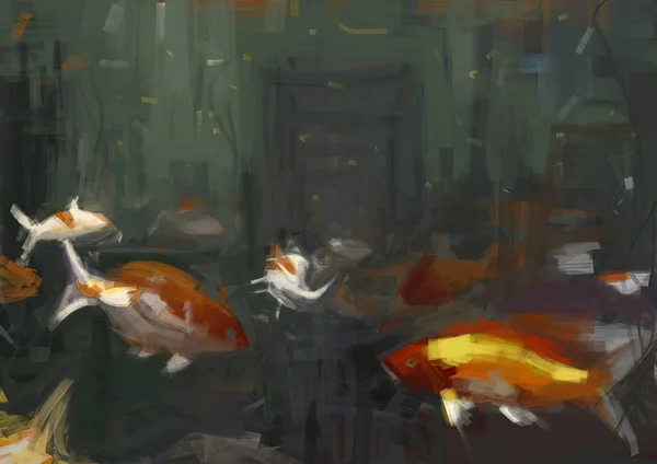 Digital traditional painting of underwater city ruins with fish swimming illustration