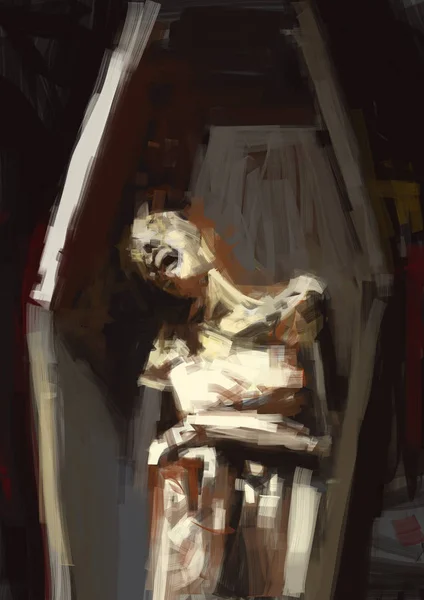 棺材里的可怕尸体的绘画 抽象的笔触风格 数字插图 — 图库照片