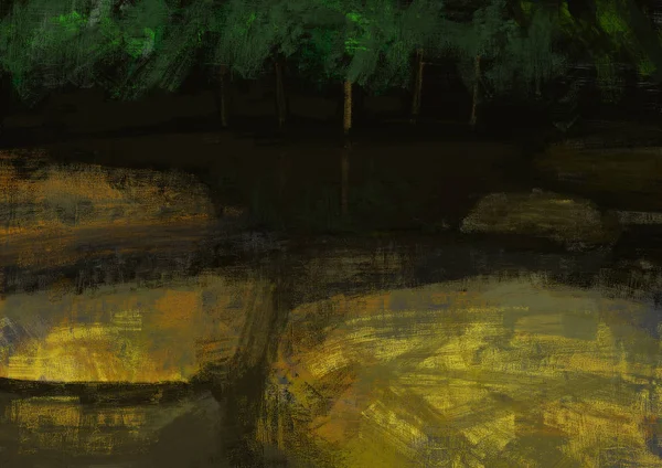 ブラシ ストロークのスタイル デジタル アートの抽象的な暗い森の絵画 — ストック写真