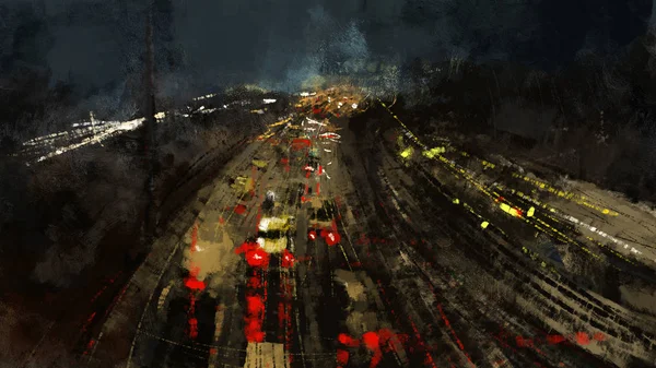 Peinture Traditionnelle Numérique Une Autoroute Remplie Voitures Illustration Paysage Urbain — Photo