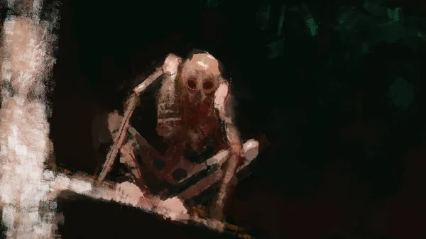 Pintura Esqueleto Miedo Sentado Sobre Fondo Oscuro Estilo Trazo Pincel — Foto de Stock