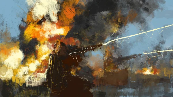 Digital Traditional Painting Turrets Engaging Enemy Explosions Illustration — Stock Photo, Image