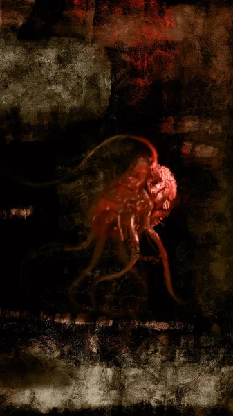 抽象怪物章鱼的绘画走在黑暗 笔触风格 数字插图 — 图库照片