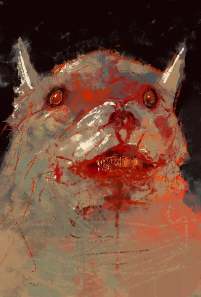 Painting of creepy wolf with muzzle covered in blood, traditional brush stroke style digital illustration