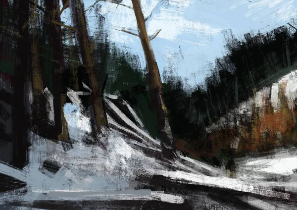 Festészet Absztrakt Téli Erdő Ecset Ecsetvonás Stílusban Digitális Művészet — Stock Fotó