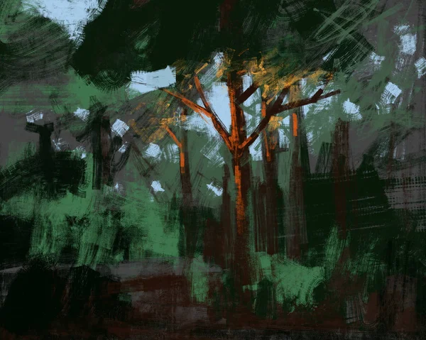 Painting of abstract green forest in brush stroke style, digital art