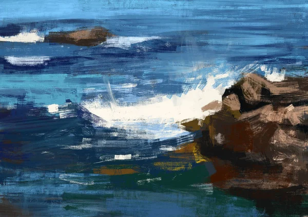 Painting of abstract sea and rocks in brush stroke style, digital art