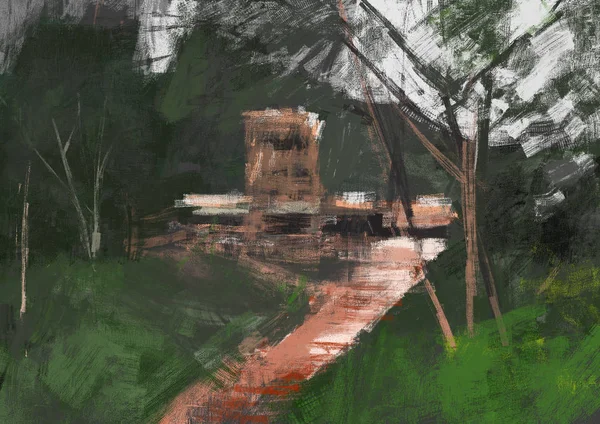 Painting of abstract green landscape with building in brush stroke style, digital art