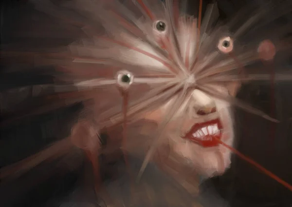 Malarstwo Straszny Potwór Kobiet Trzy Oczy Pędzel Streszczenie Styl Obrysu — Zdjęcie stockowe