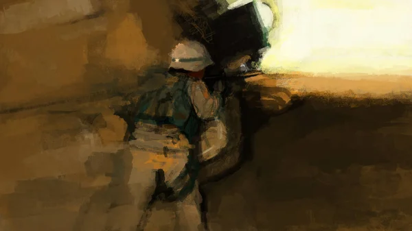 Digital traditional painting of a soldier painting war mist illustration