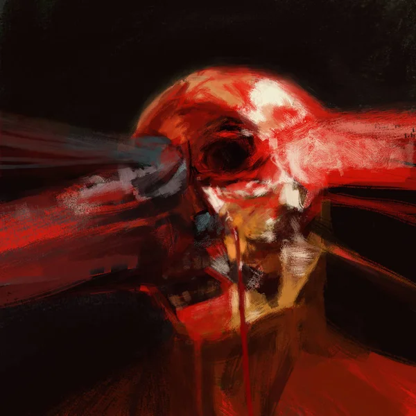 Painting of abstract skull with blood fluids over, in brush stroke style, digital illustration