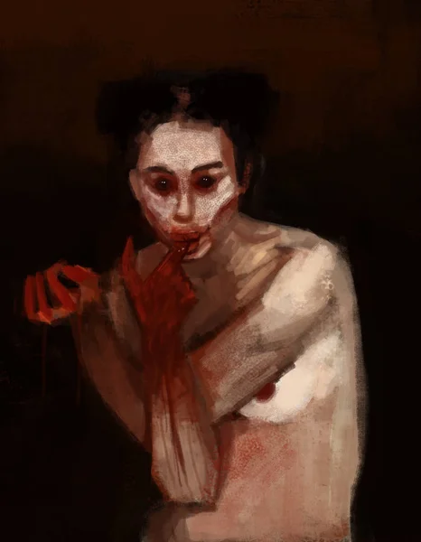 Painting Abstract Female Vampire Covered Blood Brush Stroke Style Digital — Stock Photo, Image