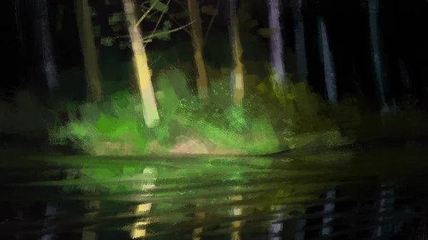 森林中抽象自然湖的绘画 笔触风格 数字艺术 — 图库照片