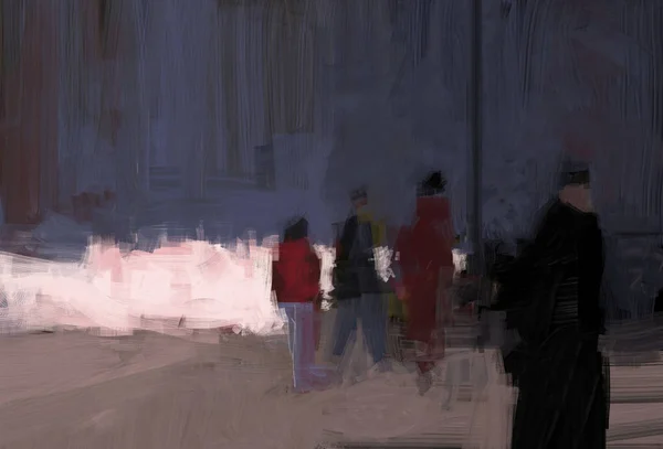 Digital traditional painting of people walking on the street illustration