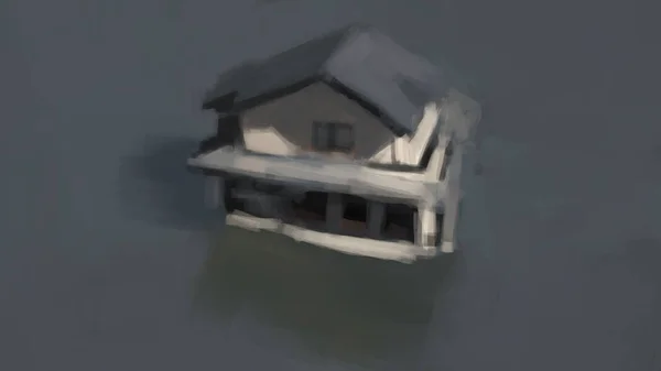 Digital painting of a house in a lake, natural disaster storytelling illustration