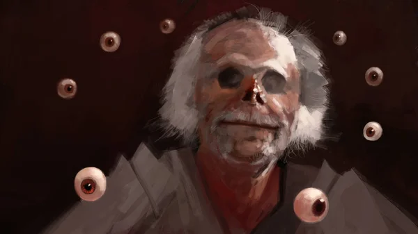 Painting of abstract man with empty eye sockets and eyes flying around in brush stroke style, digital illustration