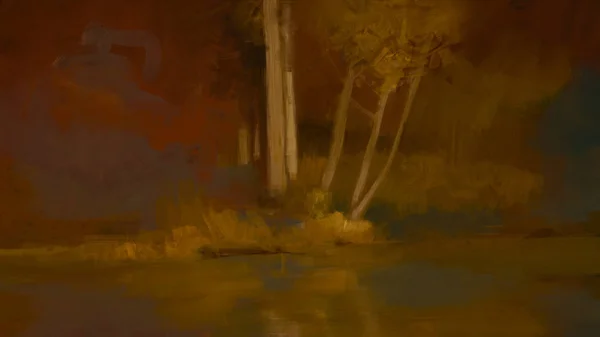 Painting of abstract island in lake with tree, brush stroke style, digital art
