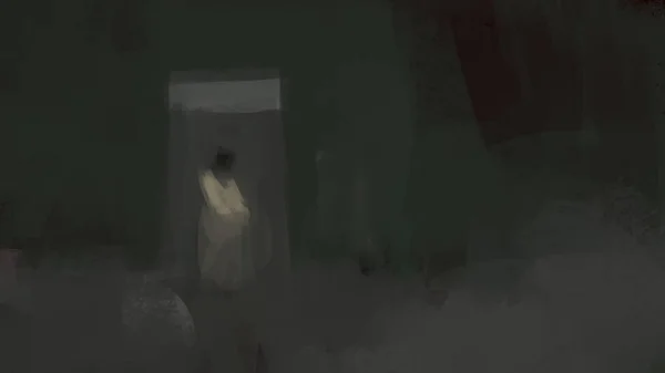 abstract dark painting of woman in doorway, digital art