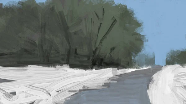 Malarstwo Abstrakcyjny Zimowy Krajobraz Tradycyjnym Stylu Pociągnięć Pędzla Cyfrowej Ilustracji — Zdjęcie stockowe