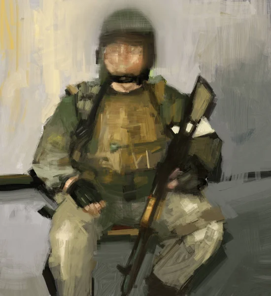 Digitální Tradiční Malba Jako Neznámý Voják Voják Usedl Drží Zbraň — Stock fotografie