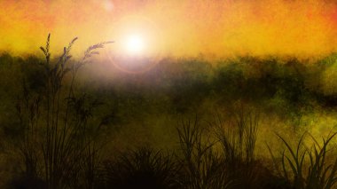 Bir orman günbatımı güzel manzara illüstrasyon Dijital geleneksel resim