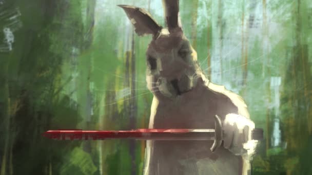 Coelho Samurai Conceito Arte Criatura Mamífero Segurando Uma Espada Sangrenta — Vídeo de Stock