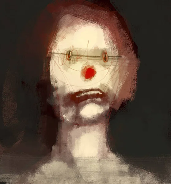 Digital traditional painting of a sad clown strange doll concept art weird horror illustration