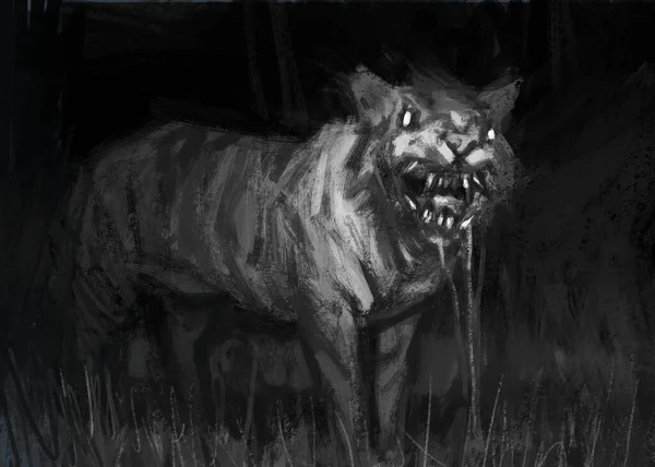 用手电筒照明在黑暗中对一头变异的妖狮进行数字绘画 — 图库照片