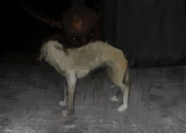 Digital Traditional Painting Giant Demon Dark Next Scared Dog — Stock Photo, Image