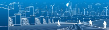 Şehir alt yapı sanayi ve enerji illüstrasyon panorama. Hidro elektrik santrali. Nehir baraj. İnsanlar yürürken, insanlar. Uçak fly. Mavi zemin üzerine beyaz çizgiler. Vektör tasarım sanat