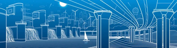 Infraestructura Urbana Panorama Ilustrativo Industrial Energético Central Hidroeléctrica Presa Del — Archivo Imágenes Vectoriales